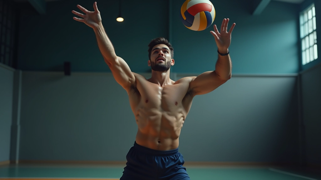 لاعب كرة طائرة في مرحلة القفز مع رفع الذراع الضاربة نحو الأعلى والحفاظ على التوازن في الهواء
