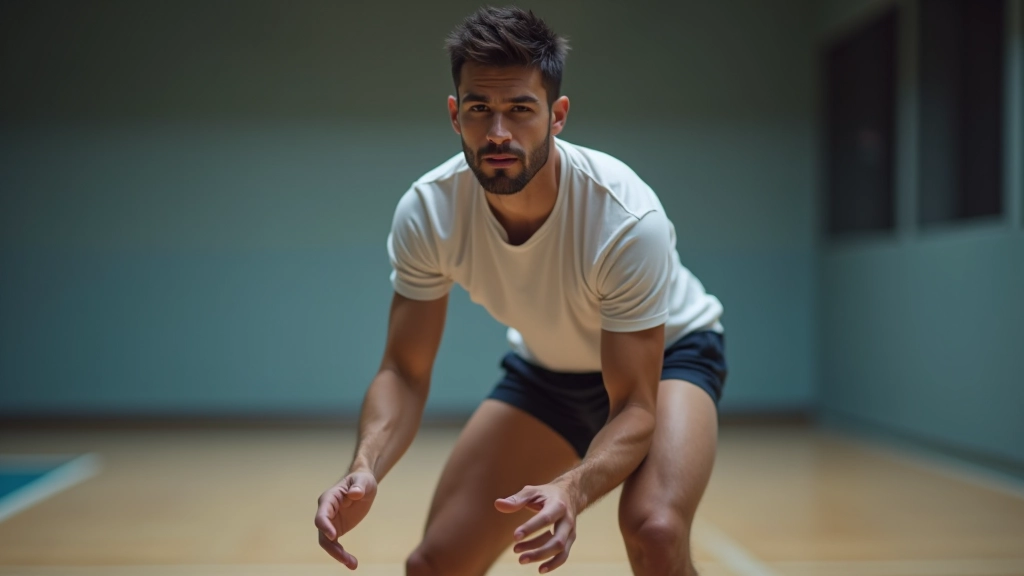 لاعب كرة طائرة يقف في وضعية التمرير الصحيحة مع ثني الركبتين والذراعين